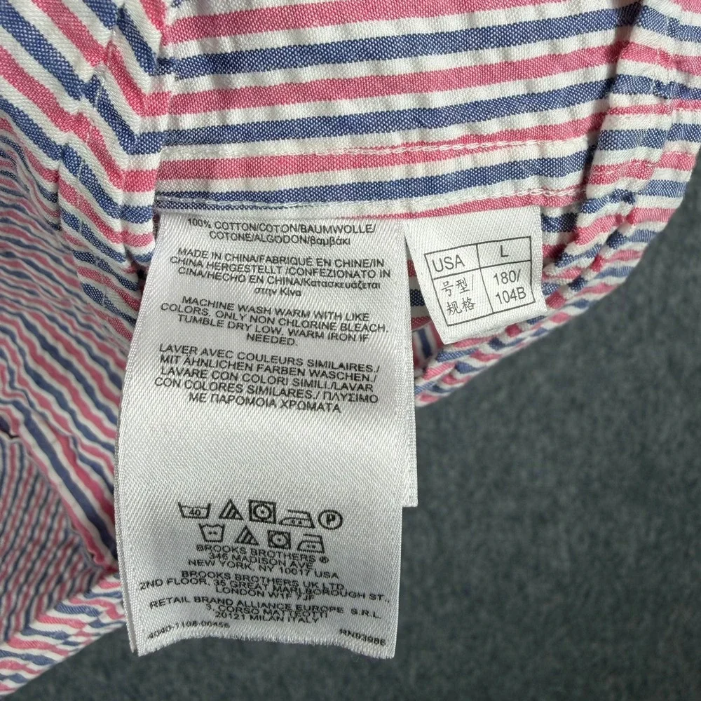 Brooks Brothers Shirt Mens L 346 Pink White Blue Seersucker Striped Short Sleeve